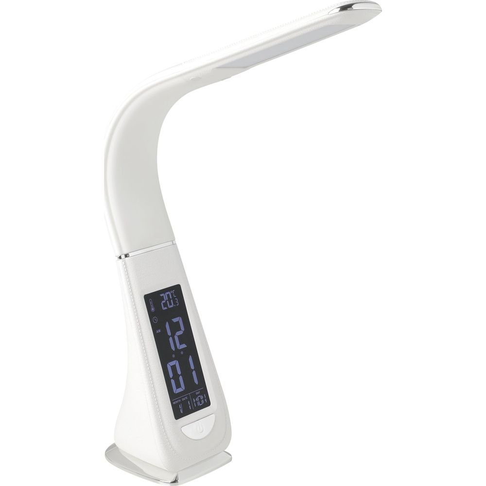 Weiße Schreibtischlampe mit digitaler Anzeige für Zeit und Temperatur.