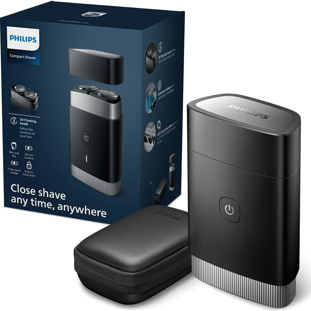 Kompaktowa maszynka do golenia Philips i jej opakowanie z cechami produktu.