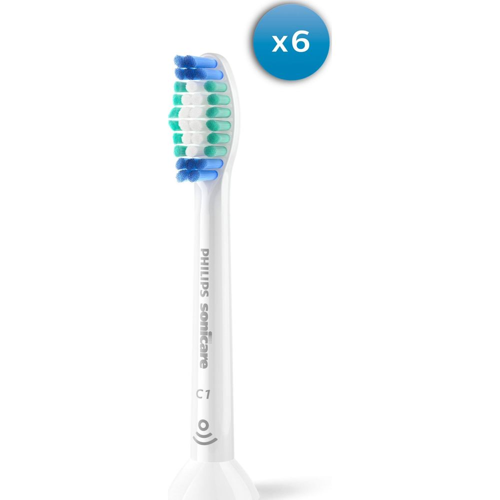 White toothbrush head with blue and green bristles. 'Philips Sonicare C1'.