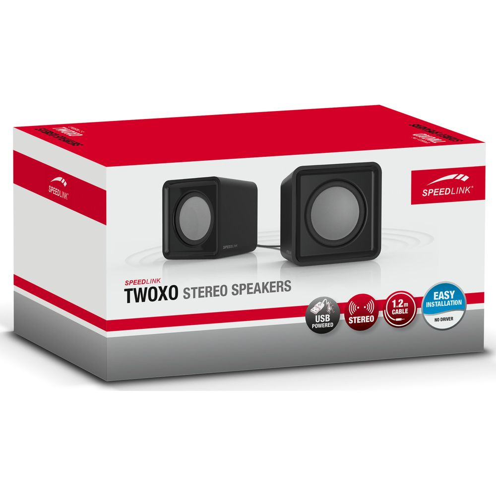 Confezione altoparlanti stereo Speedlink TWOXO con due altoparlanti neri.