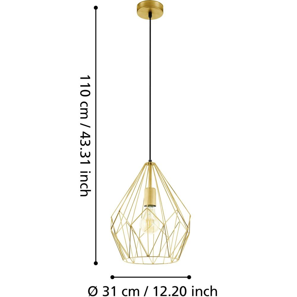 Goldener geometrischer Deckenanhänger mit einem sichtbaren Leuchtmittel.