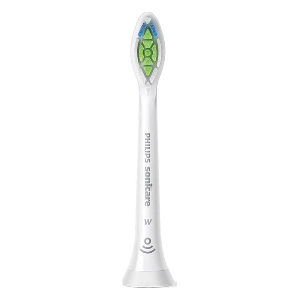 Cabezal de cepillo de dientes Philips Sonicare blanco con cerdas verdes y azules.