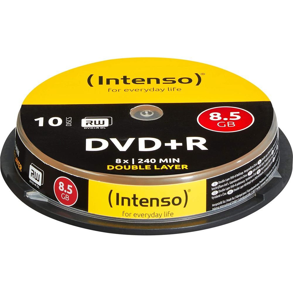 Opakowanie 10 sztuk płyt DVD+R Intenso Double Layer o pojemności 8,5 GB.
