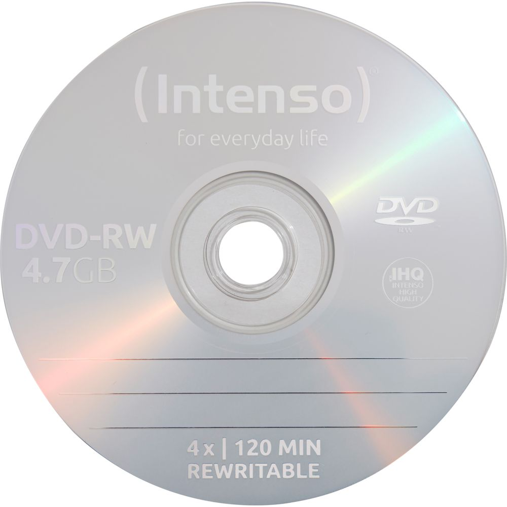 Srebrny dysk DVD-RW z logo 'Intenso', pojemność 4,7 GB, prędkość 4x.