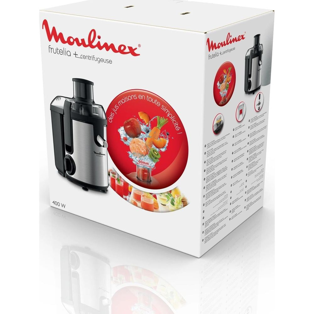 Licuadora Moulinex en caja blanca con frutas y jugo.