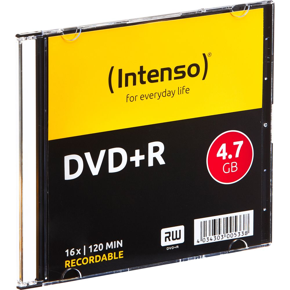 Etui Intenso DVD+R 4.7 GB z czarno-żółtą etykietą.