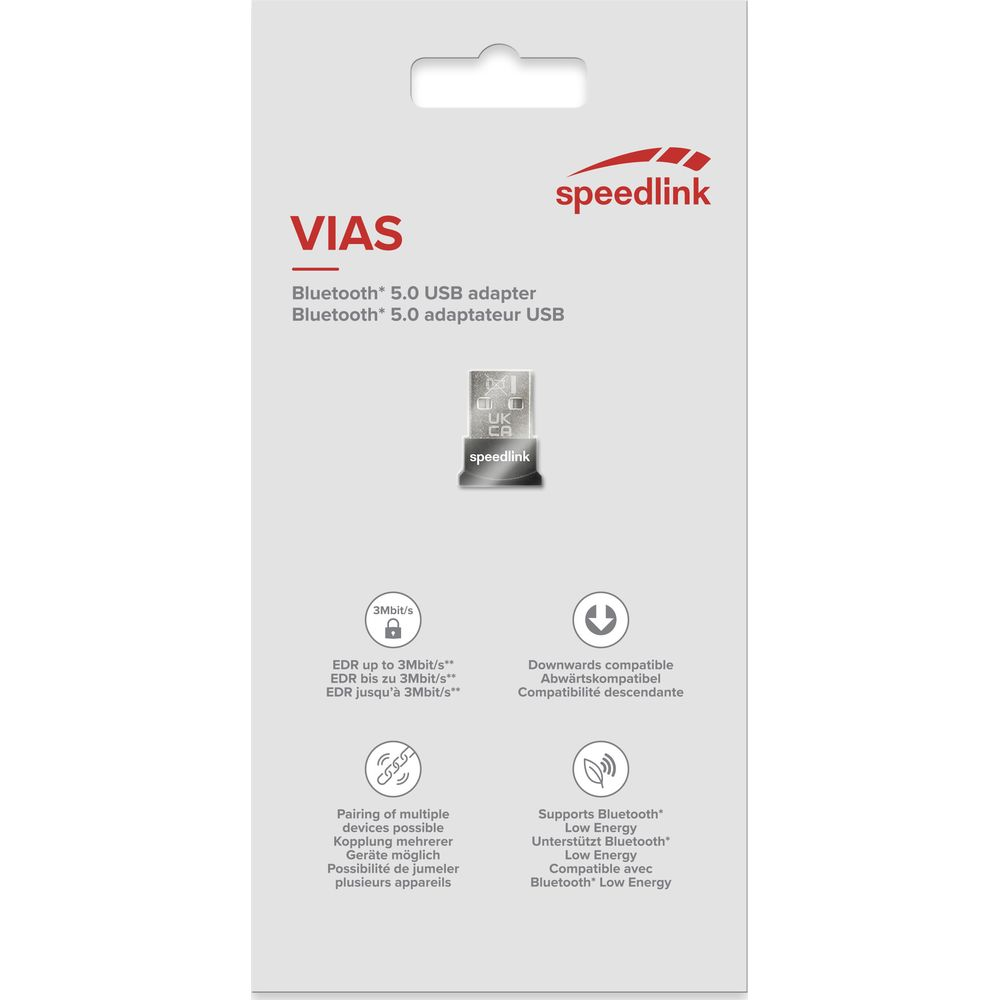 Speedlink VIAS Bluetooth 5.0 USB adapter with icons for speed, compatibility, and pairing.