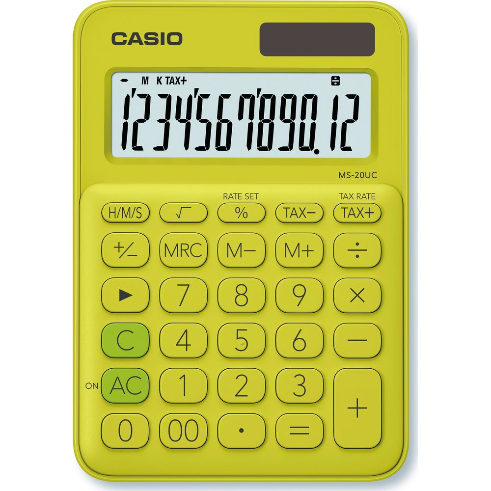 Eine gelbe Casio-Taschenrechner-MS-20UC mit Ziffern auf dem Display.