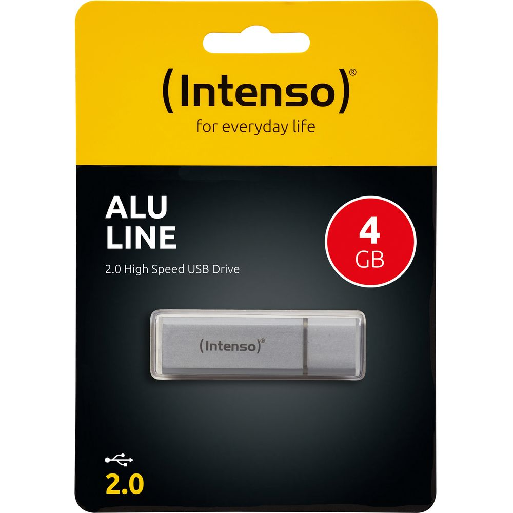 Intenso ALU LINE 4GB USB 2.0 Stick in Verpackung. Grauer Stick mit silberner Kappe.
