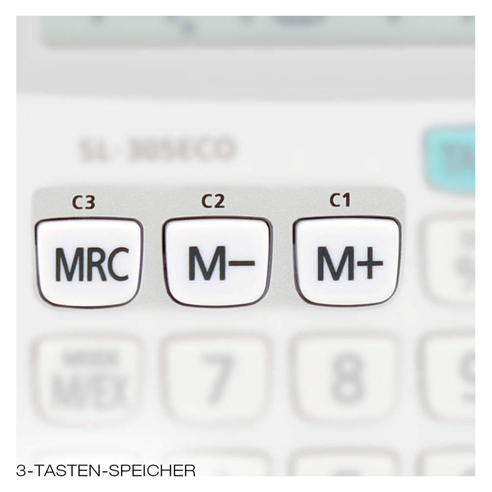 Zbliżenie na trzy przyciski kalkulatora: MRC, M- i M+.