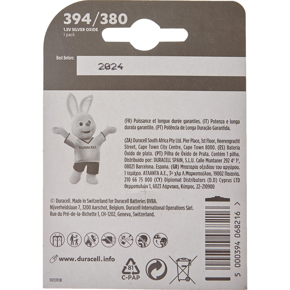 Opakowanie baterii Duracell 394/380 z maskotką królika, ważność do 2024.