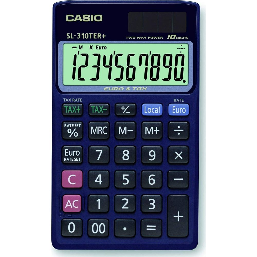Eine blaue Casio-Taschenrechner-Tastatur mit Zahlen und Symbolen.