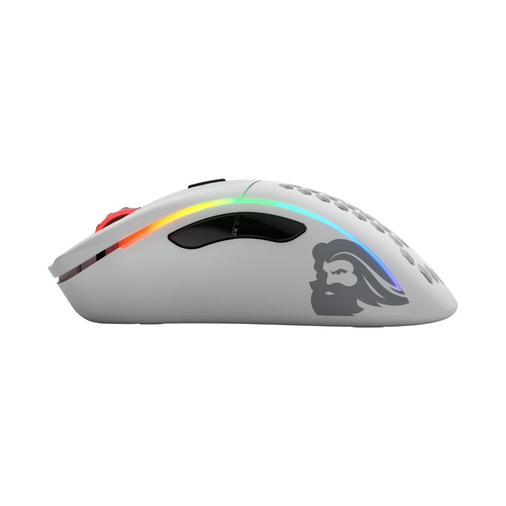 Biała mysz gamingowa z podświetleniem RGB i szarym logo.