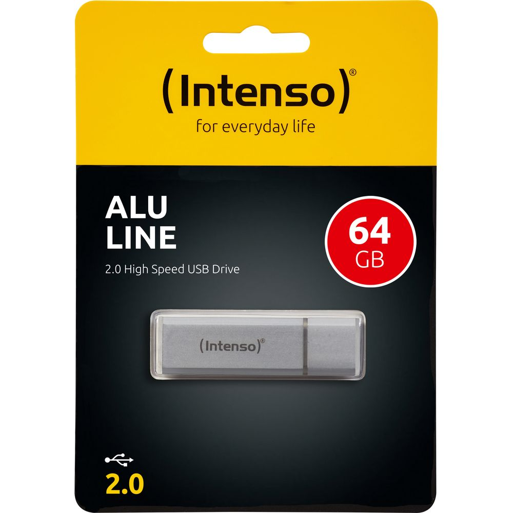 Intenso ALU LINE 64 GB USB 2.0 stick in zilveren verpakking.