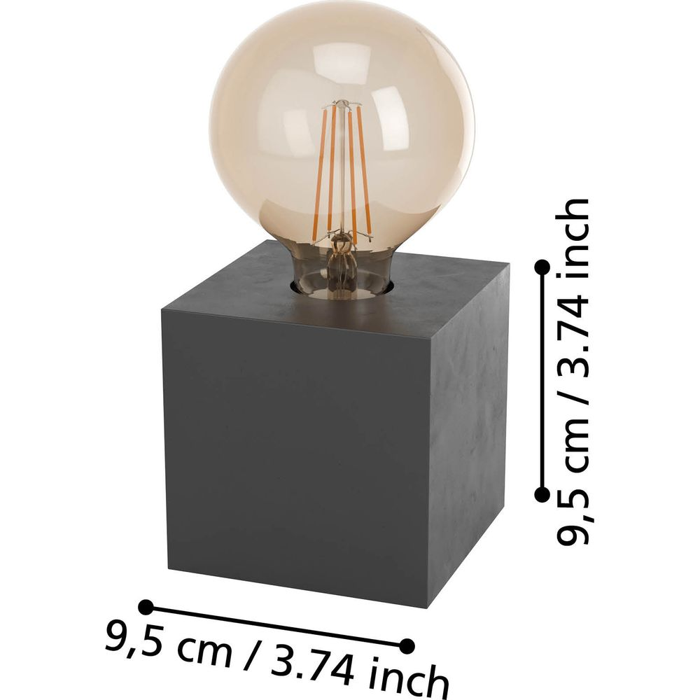 Ein schwarzer Würfelsockel mit einer runden Edison-Glühbirne darauf.