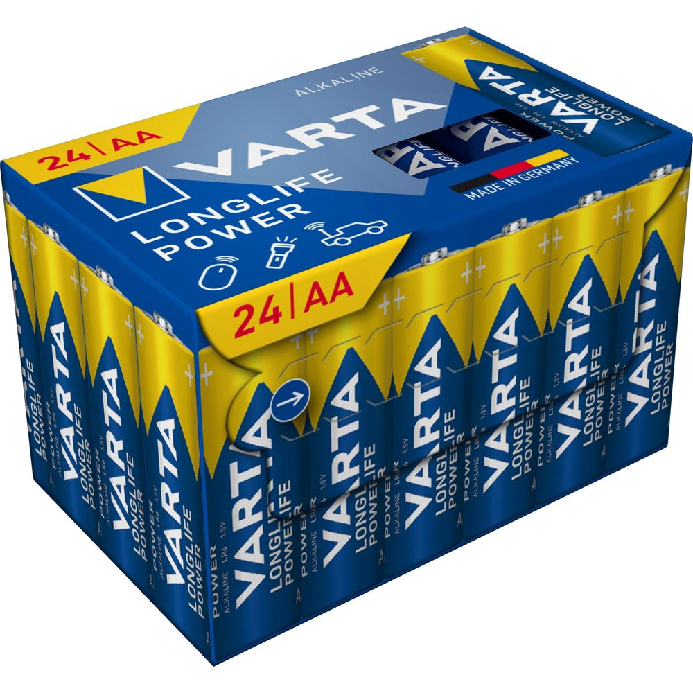 Verpakking van 24 Varta Longlife Power AA alkaline batterijen, Made in Germany.