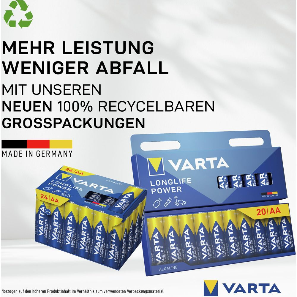Varta AA batterijen: Meer vermogen, minder afval, 100% recyclebaar.