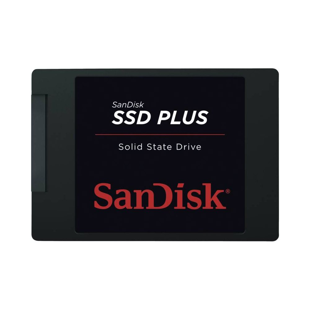Czarny dysk SanDisk SSD PLUS z czerwonym logo.