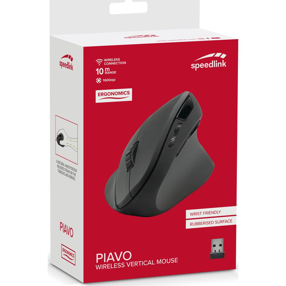 Verpakking van een zwarte Speedlink Piavo verticale muis met tekst.