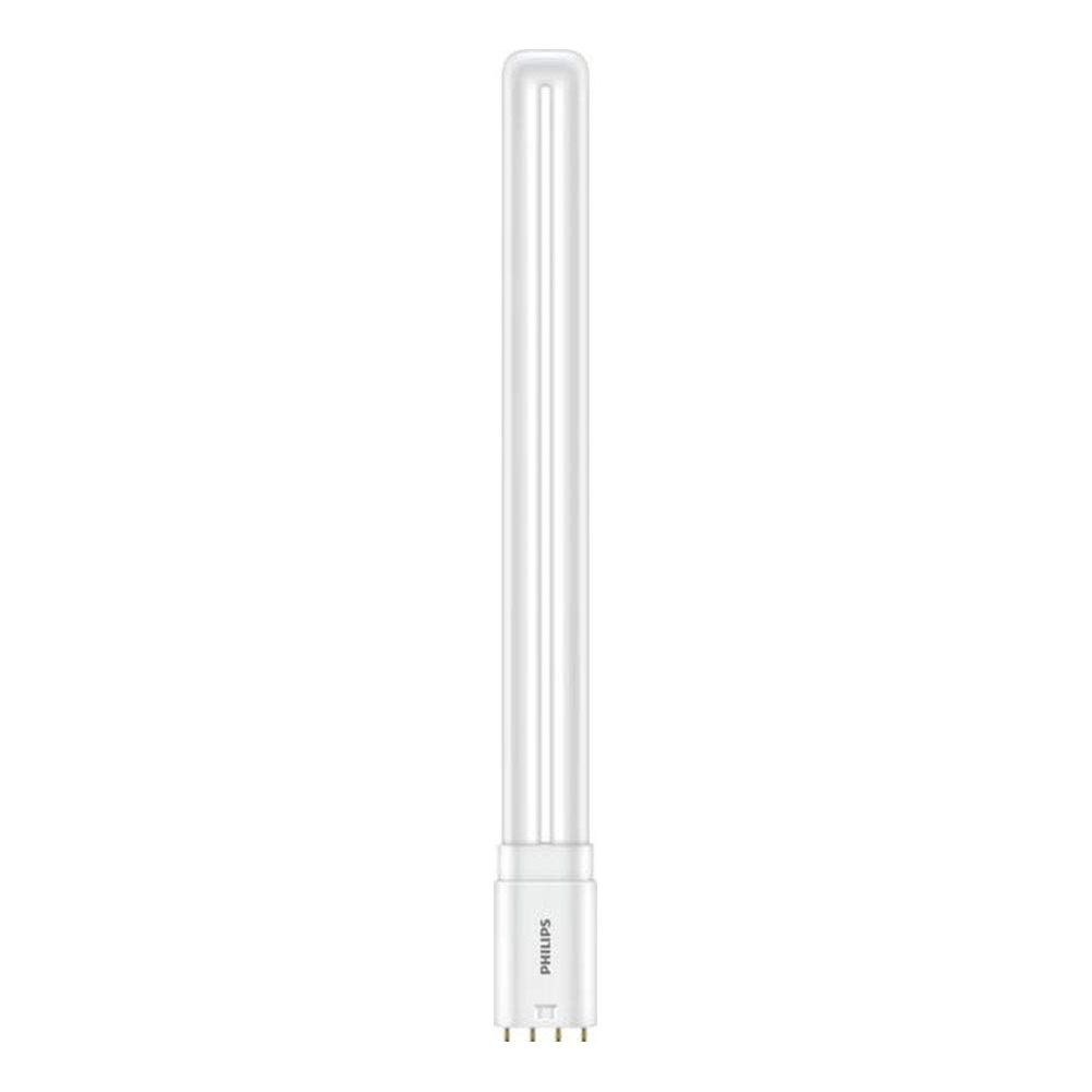 Un lungo tubo fluorescente bianco con logo Philips e quattro pin alla base.