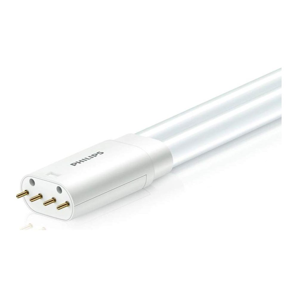Tubo fluorescente bianco con quattro pin dorati e logo Philips.