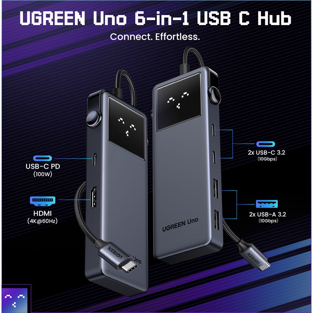 Hub USB-C UGREEN Uno 6-w-1 z portami PD, HDMI, USB-C i USB-A.