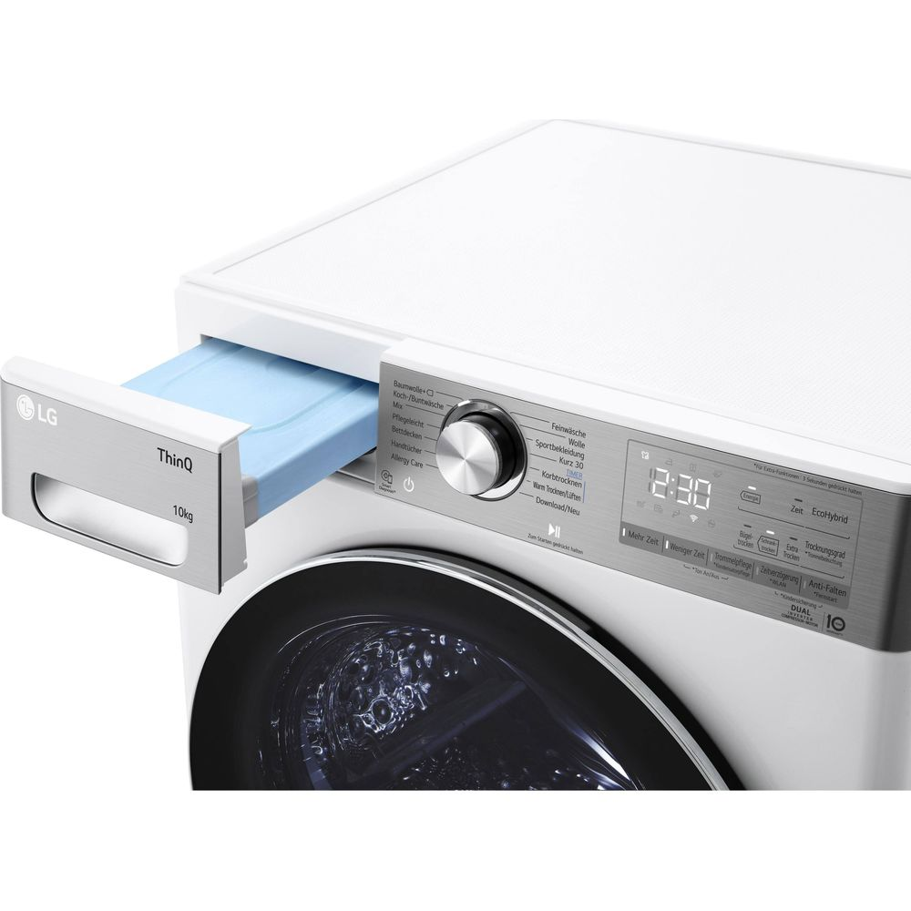 Weiße LG Waschmaschine mit herausgezogener Schublade für Waschmittel.