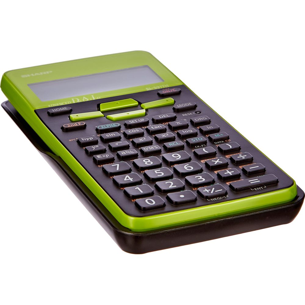 Zielony kalkulator Sharp z czarną klawiaturą i wyświetlaczem.