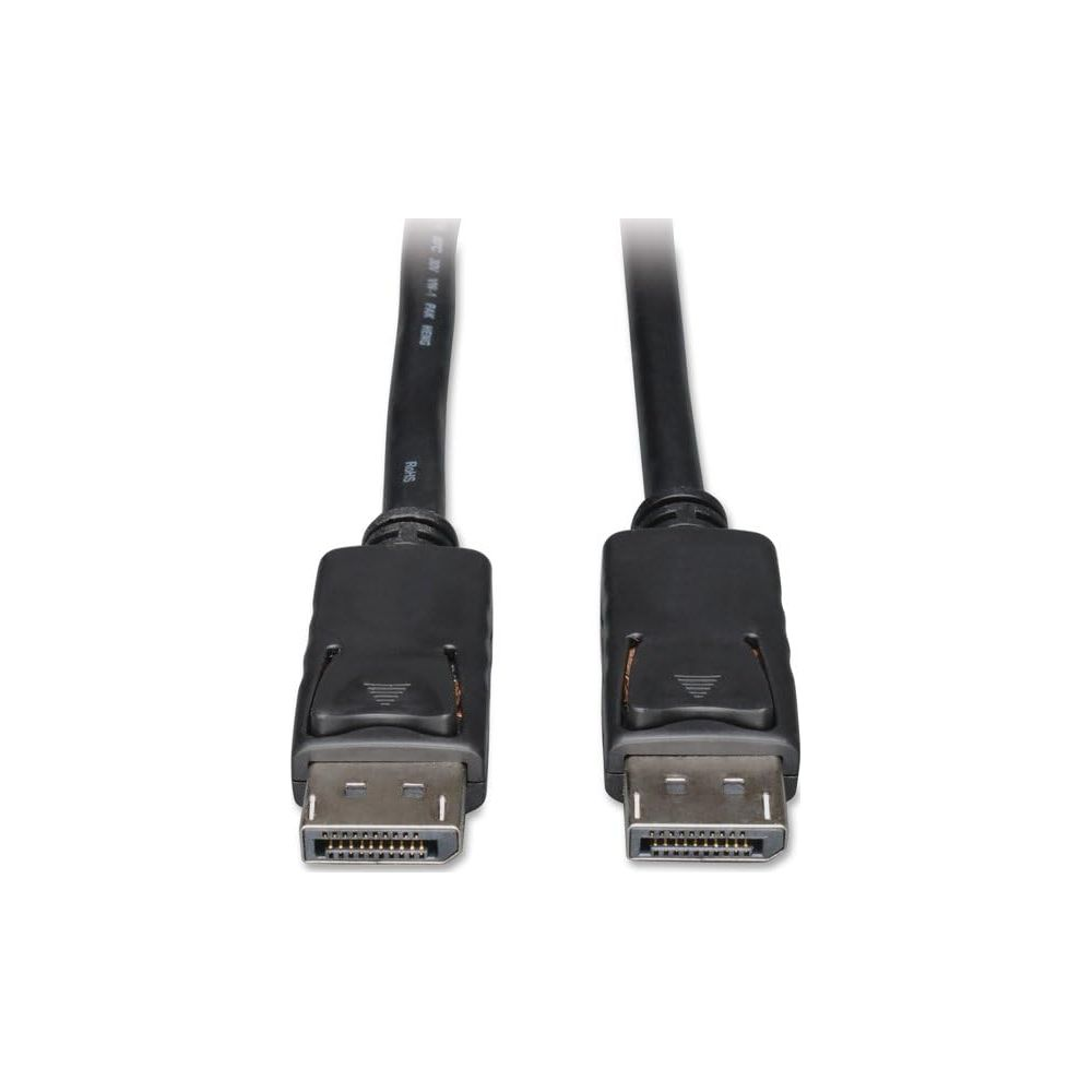 Deux câbles DisplayPort noirs avec connecteurs noirs côte à côte.