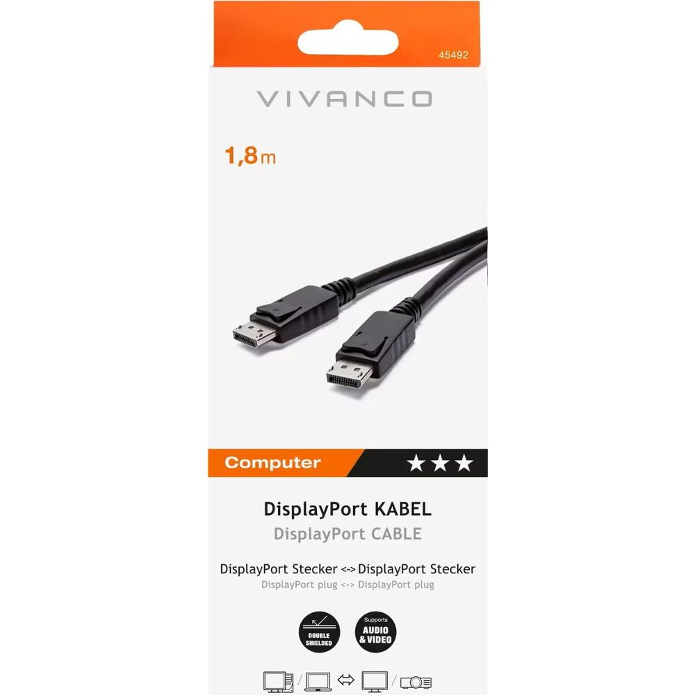 Emballage d'un câble Vivanco DisplayPort de 1,8 m avec deux connecteurs.