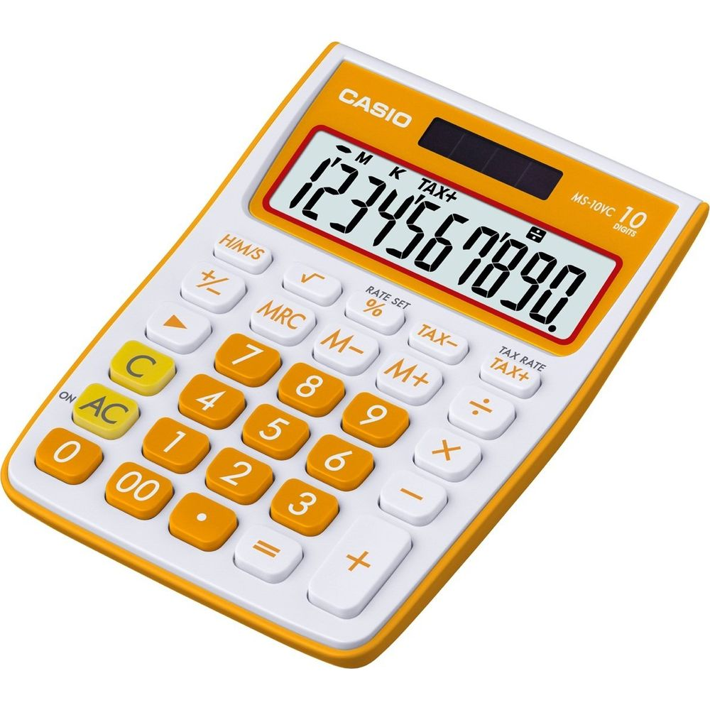 Ein orange-weißer Casio-Taschenrechner mit großen Tasten und einem Display, das 1234567890 anzeigt.