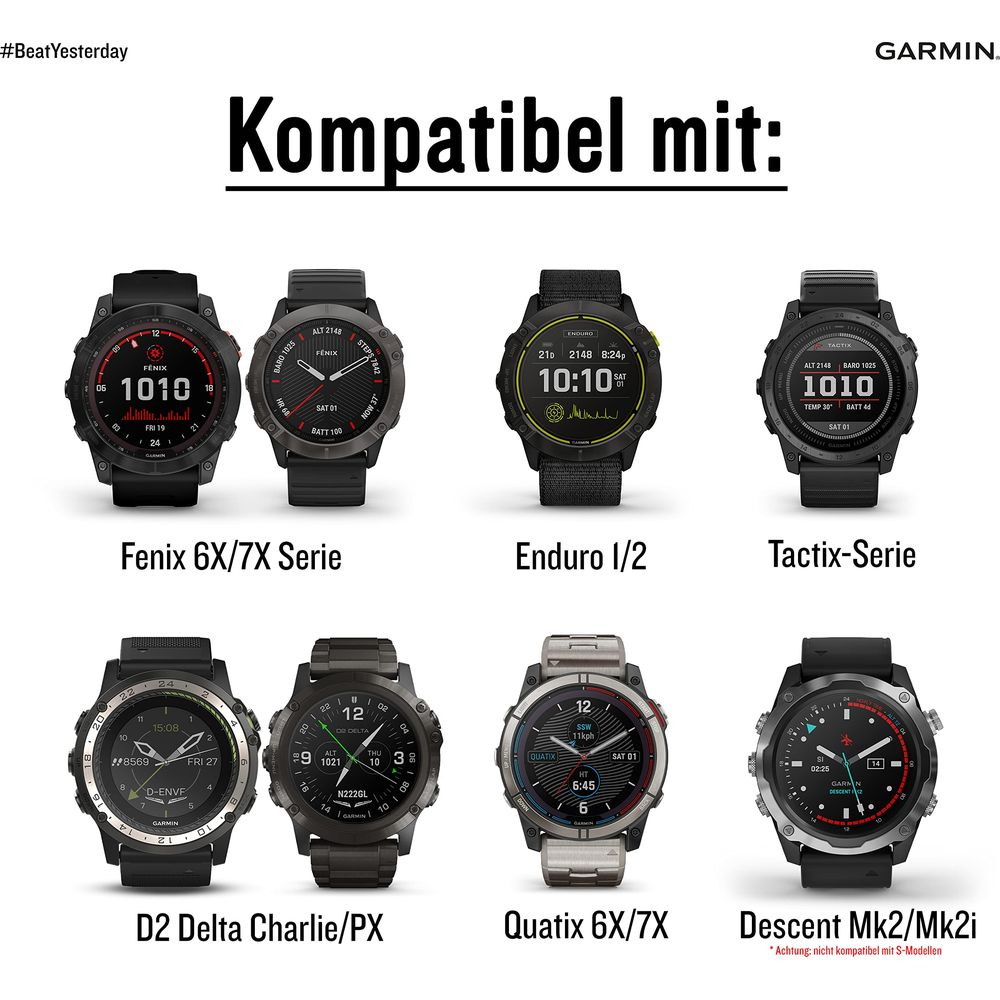 Sei smartwatch Garmin esposti uno accanto all'altro su sfondo nero.