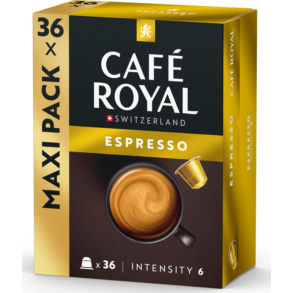 Karton mit Cafe Royal Espresso Kaffeekapseln, 36er Packung, Intensität 6.