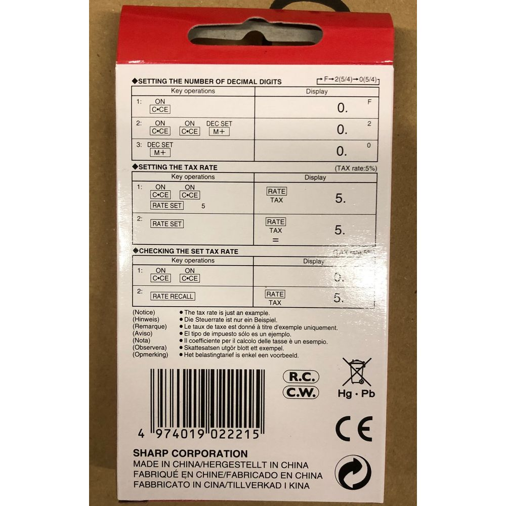 Instrukcja kalkulatora Sharp: Ustawianie cyfr dziesiętnych i stawek podatkowych.