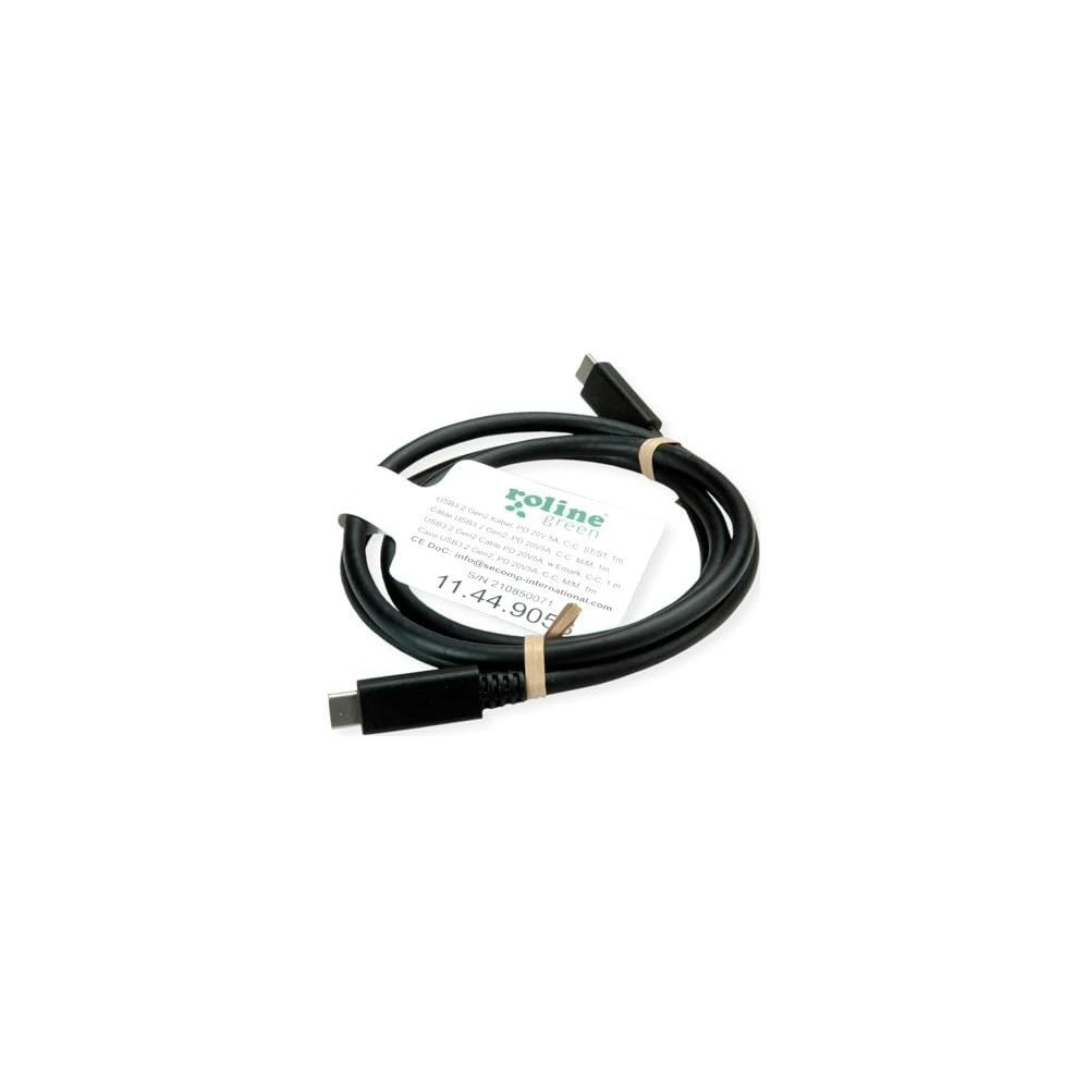 Schwarzes USB-C-Kabel mit Etikett, aufgerollt, mit Gummibändern gehalten.