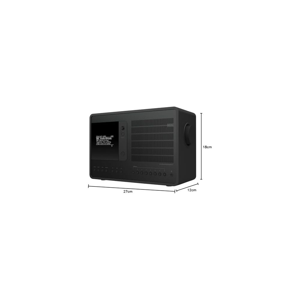 Black box with screen, speaker grill, and buttons. Dimensions: 27x18x12cm.