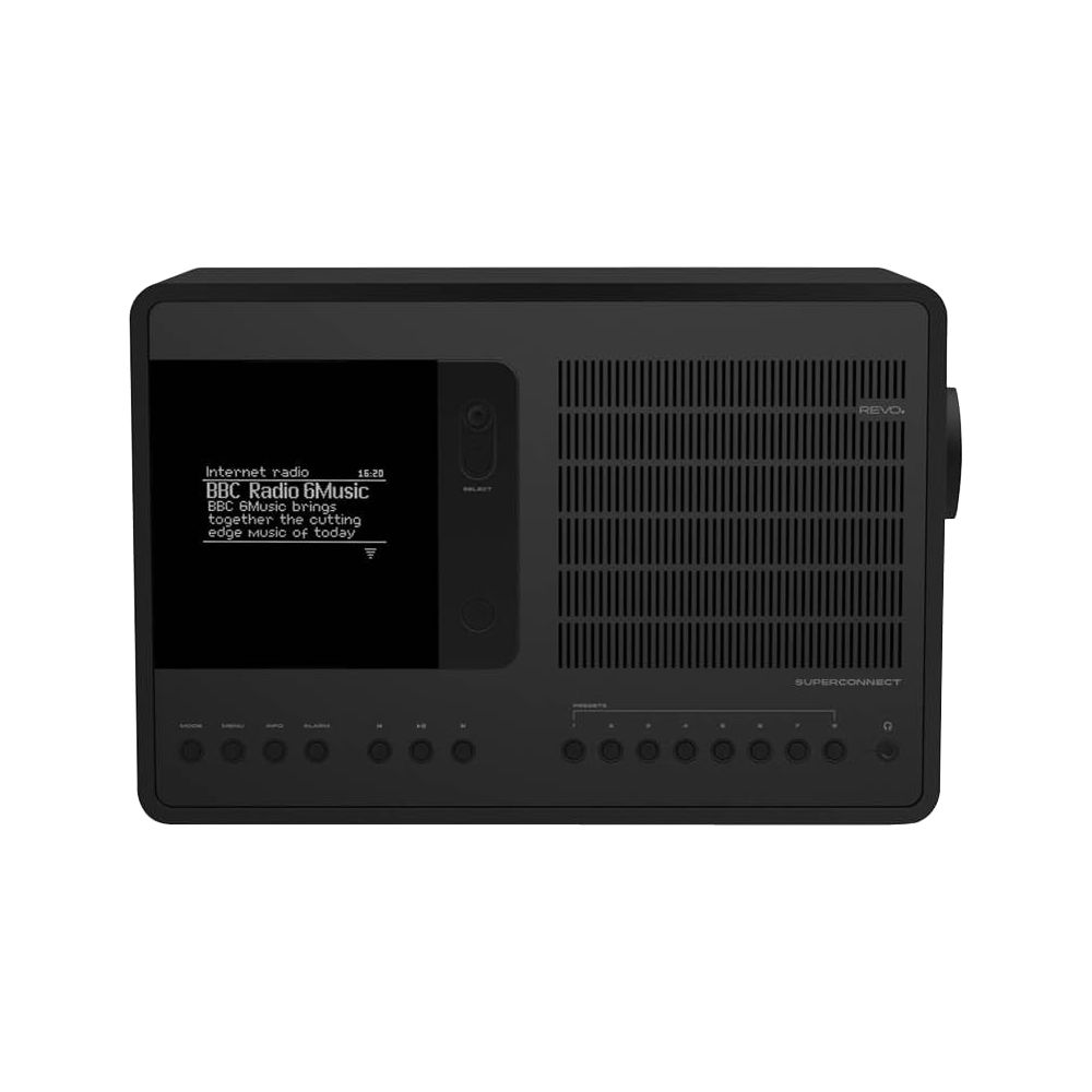 Black internet radio speaker with display showing BBC Radio 6Music.