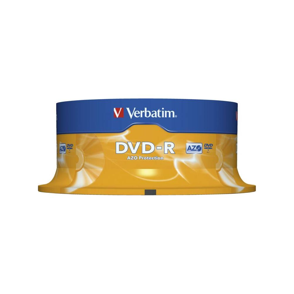 Wrzeciono Verbatim DVD-R z ochroną AZO. Niebieska góra, żółty korpus.