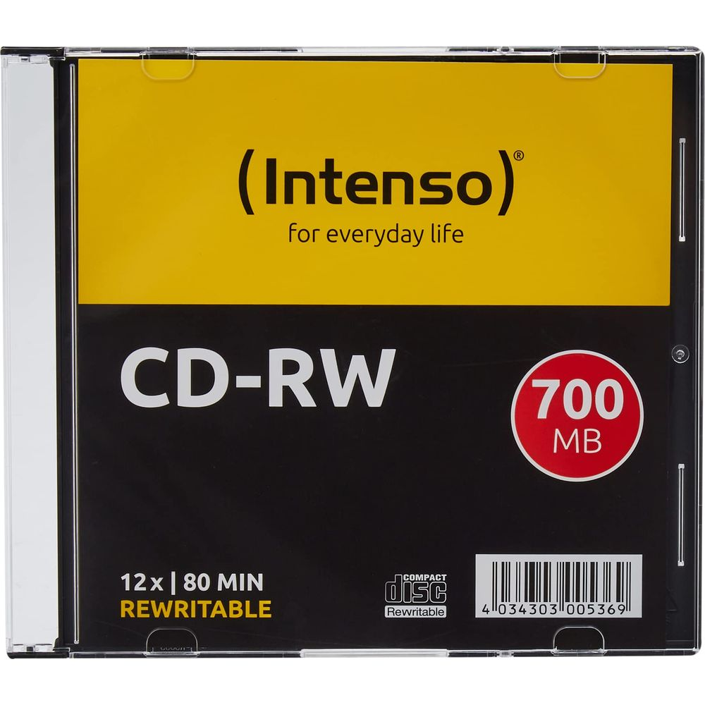 Etui Intenso CD-RW w żółto-czarnym designie, pokazujące pojemność 700MB.