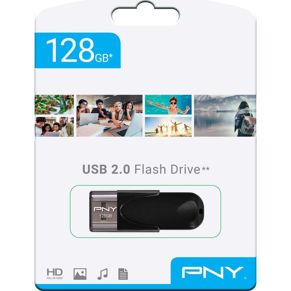 Opakowanie pendrive PNY USB 2.0 128 GB z obrazami ludzi i krajobrazów.