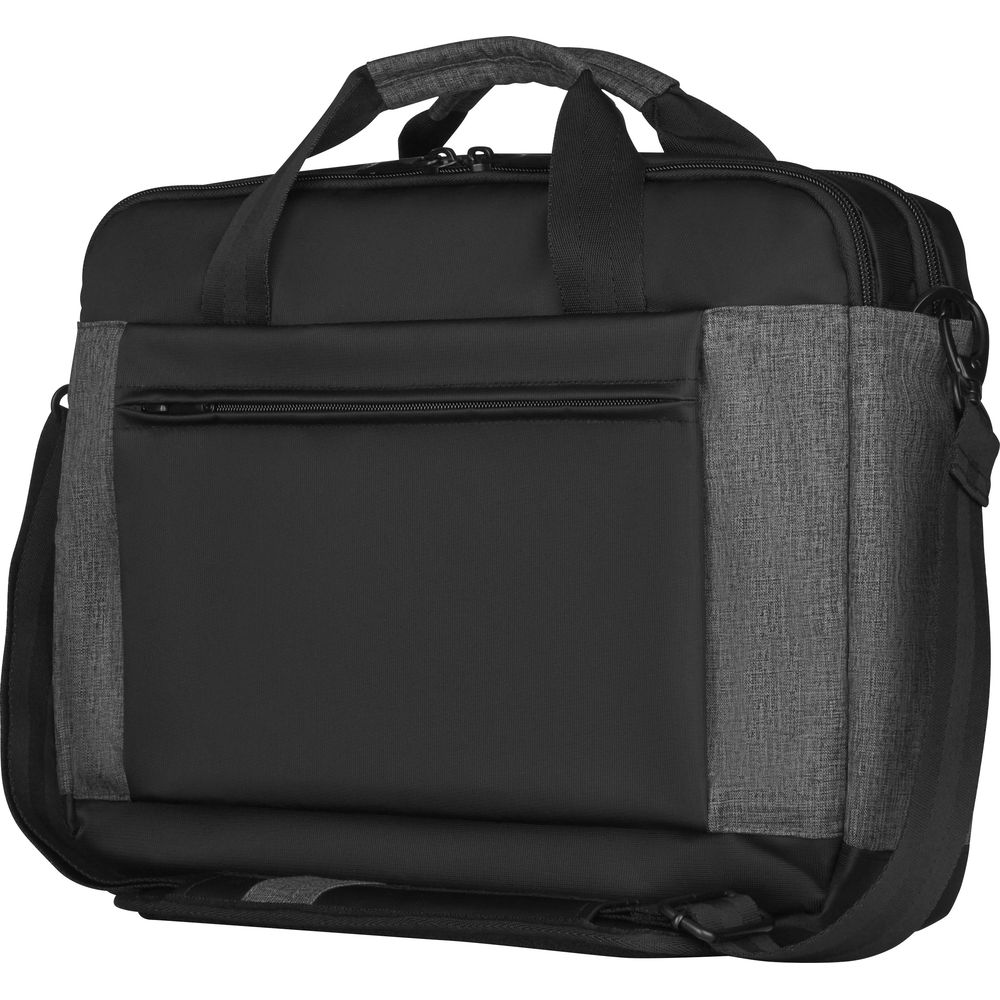 Sacoche noire pour ordinateur portable avec côtés en tissu gris et poignées.