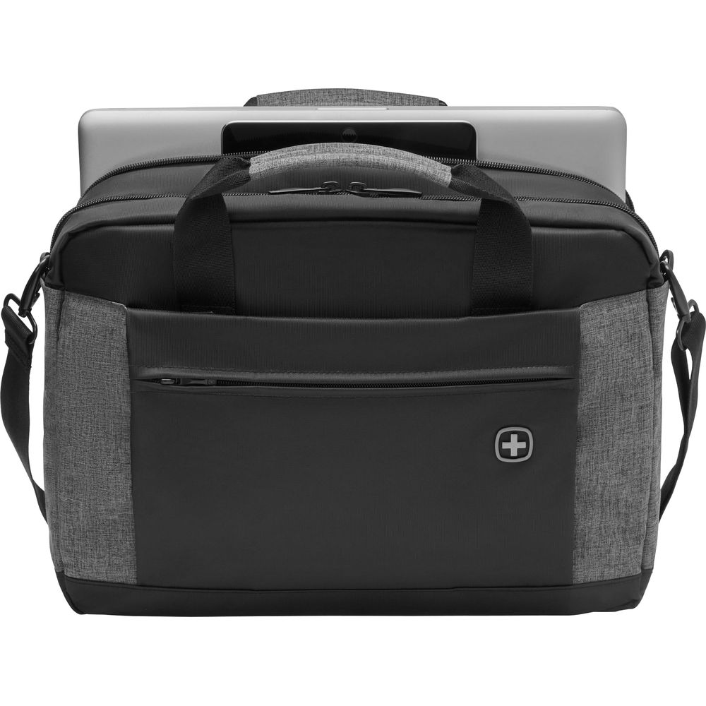 Sacoche noire pour ordinateur portable avec panneaux latéraux gris et logo croix argenté.