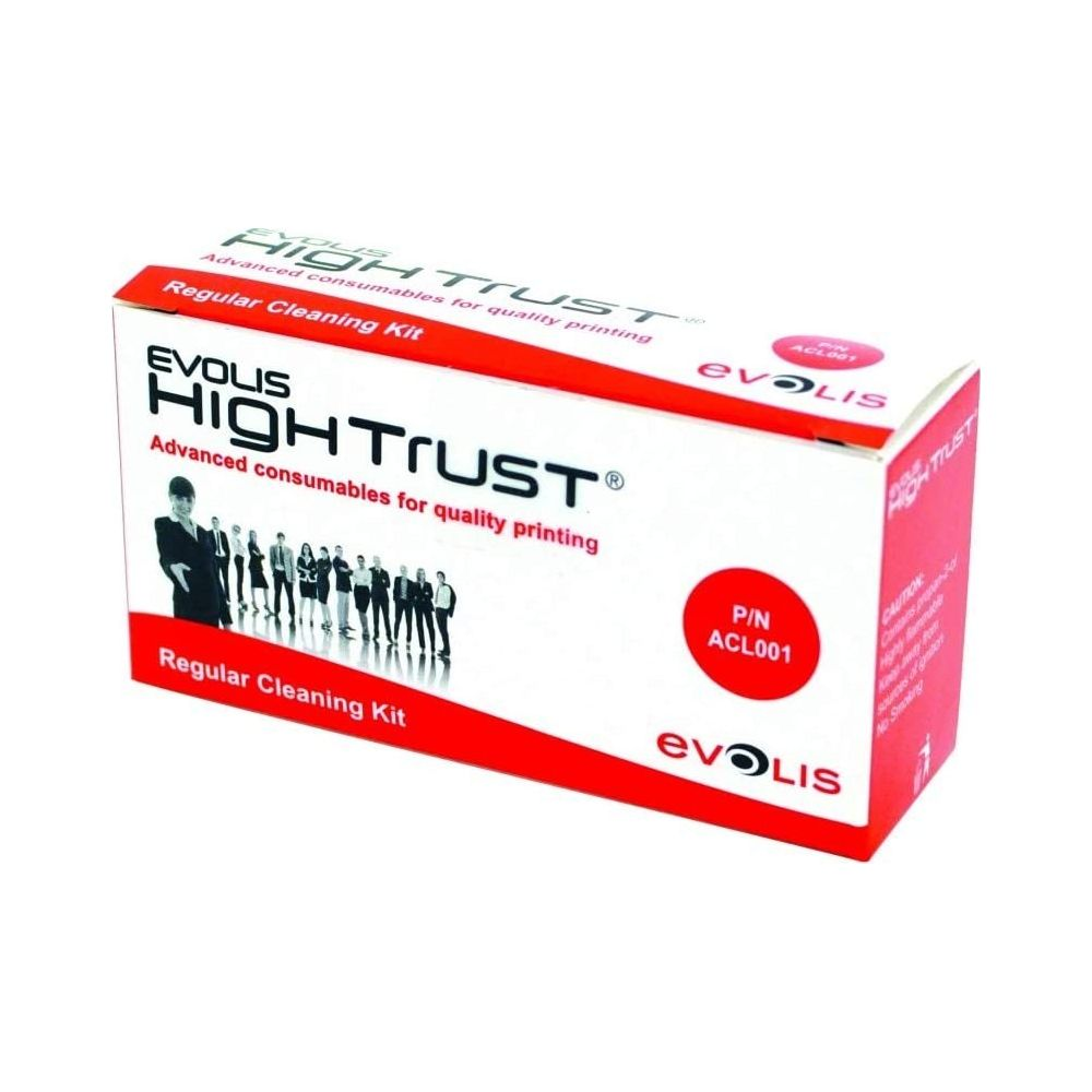 Scatola del kit di pulizia regolare Evolis High Trust con dettagli e immagini.