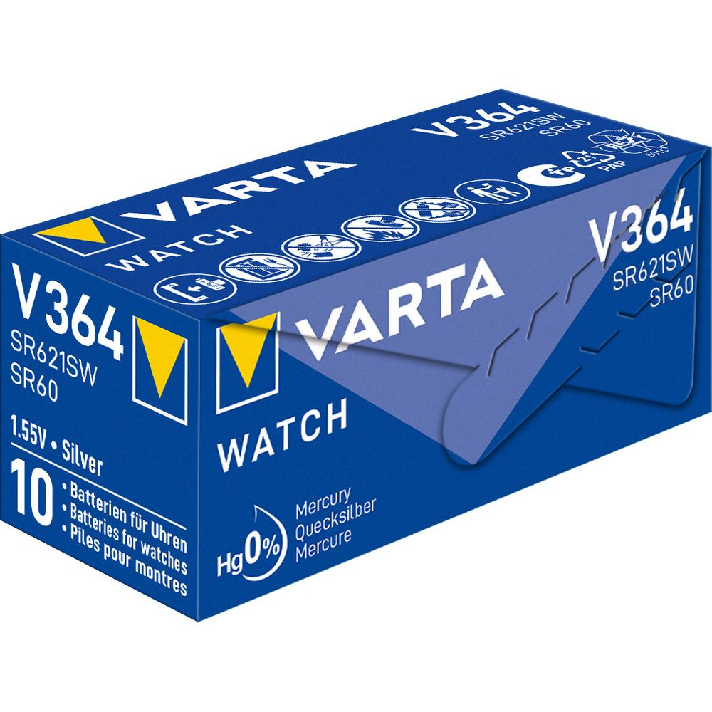 Pilas de botón Varta V364 SR621SW en una caja azul.