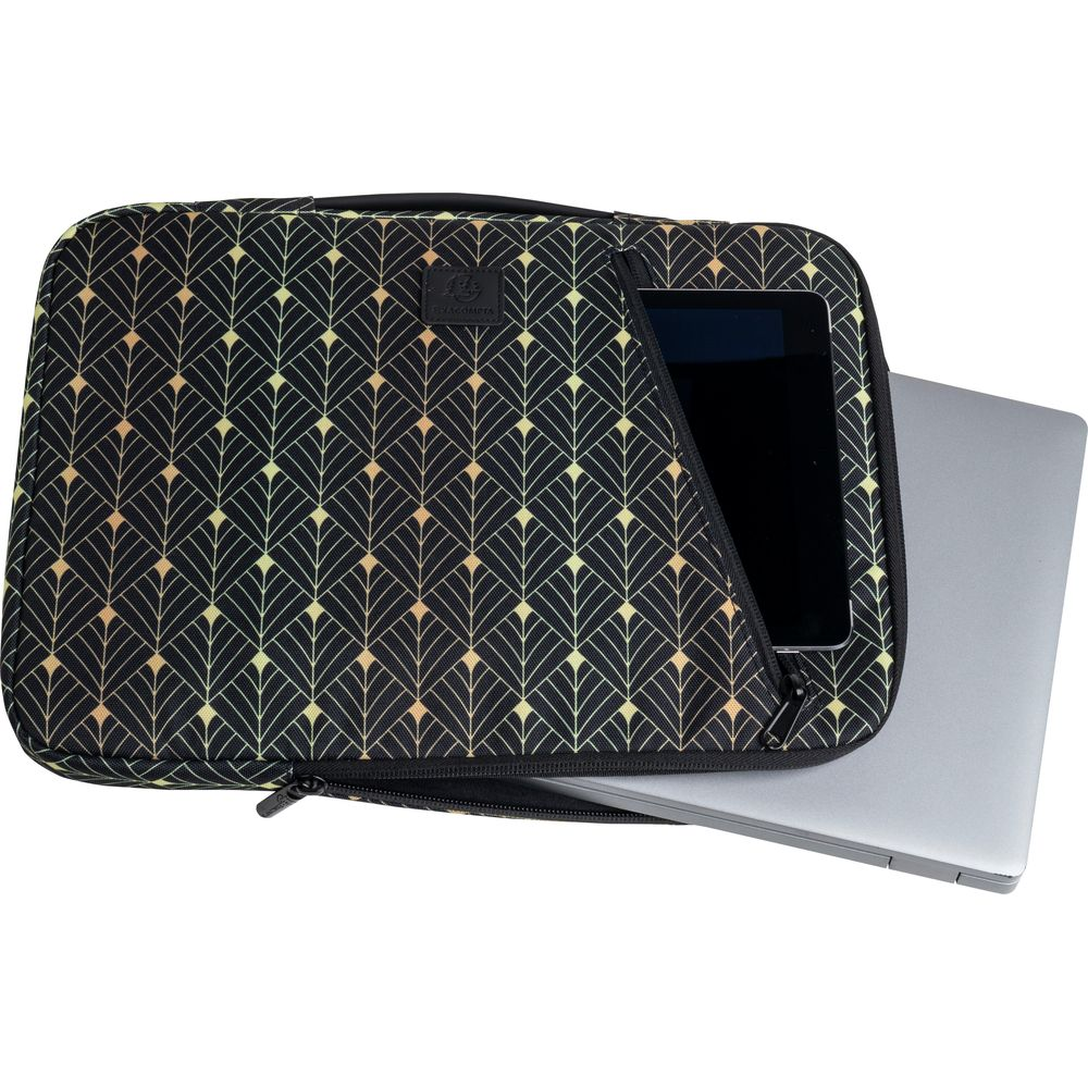 Borsa nera per laptop con motivo geometrico, contiene laptop e tablet.
