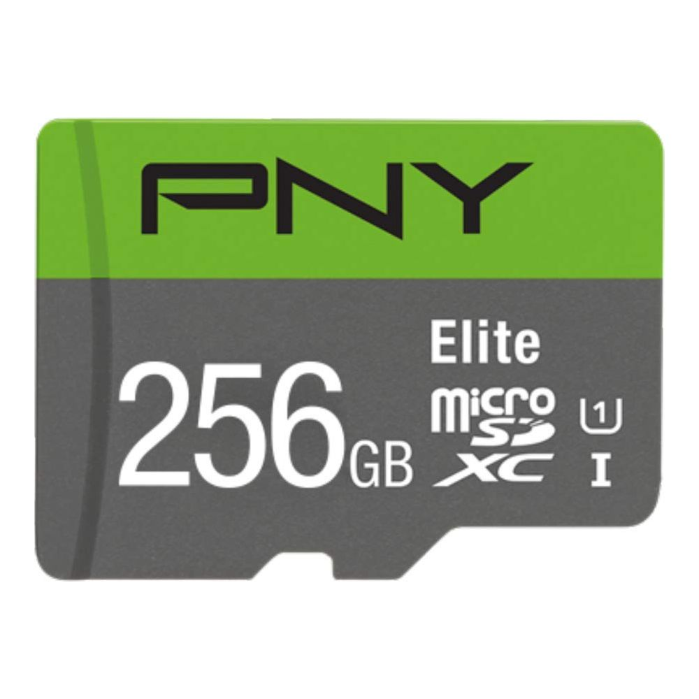PNY Elite 256GB Micro SDXC Speicherkarte mit grüner und grauer Beschriftung.