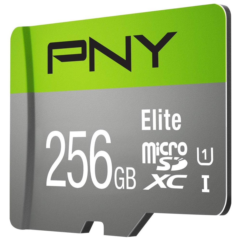 PNY Elite 256GB Micro SDXC Speicherkarte mit schwarzem und grünem Design.