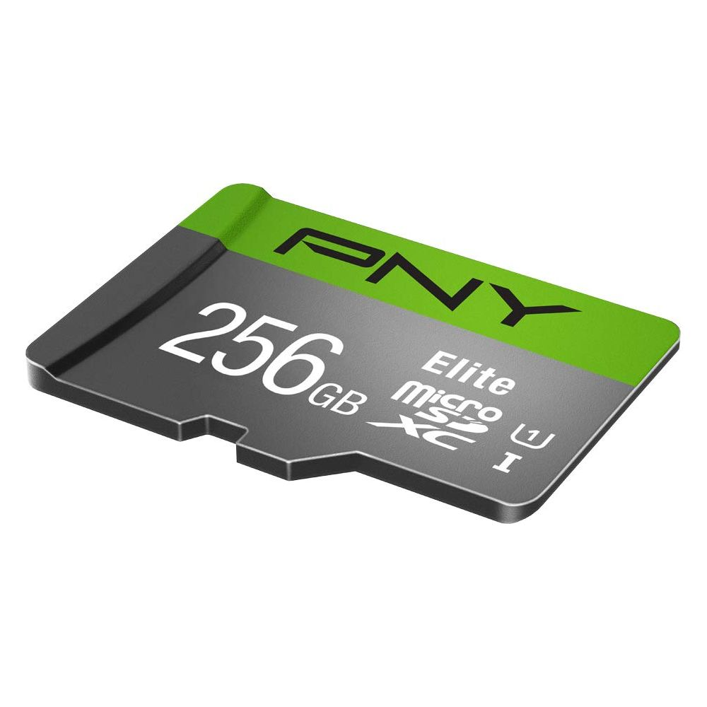 Eine graue microSD-Karte mit grüner Oberseite und 256 GB Speicherkapazität.