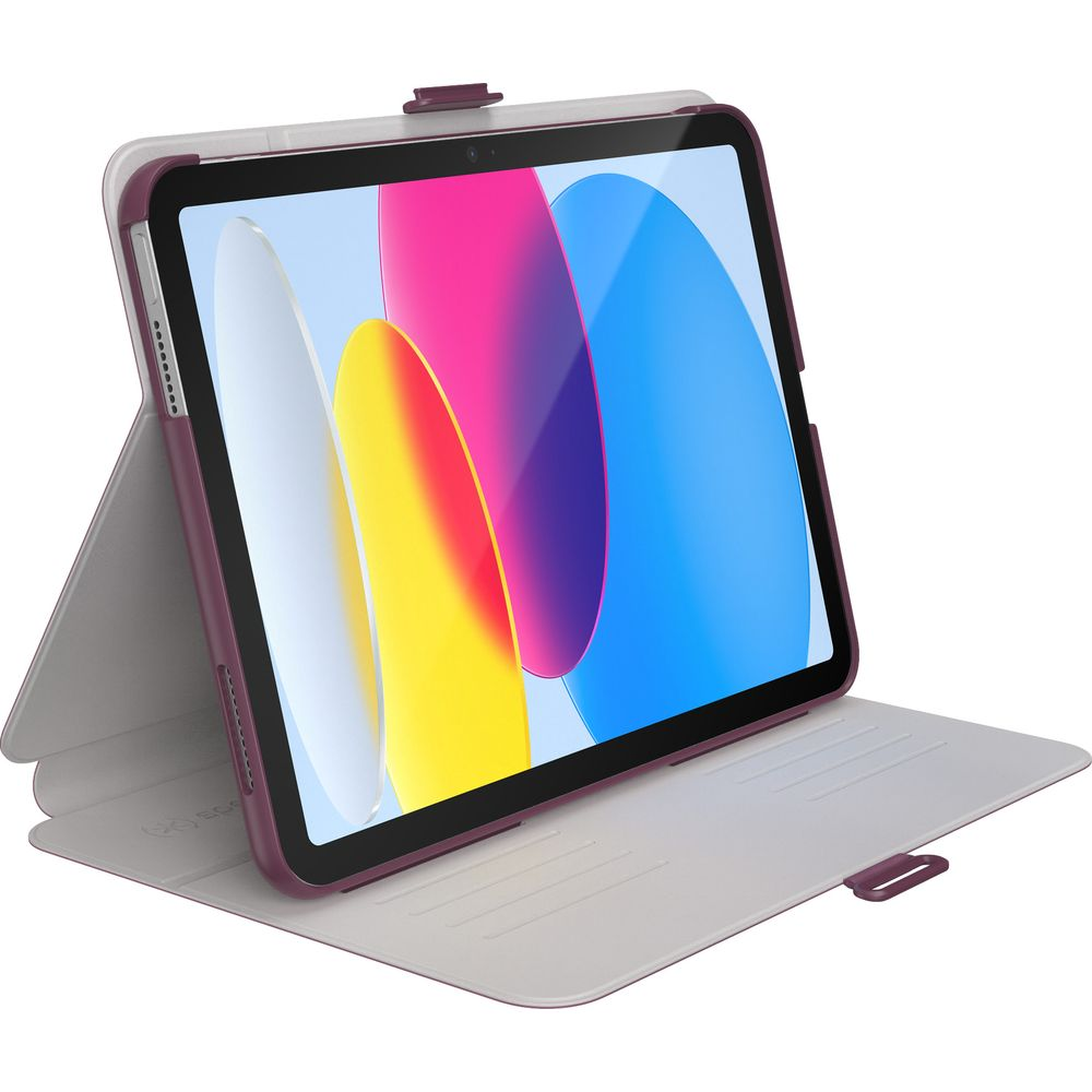 Ein lila Tablet in einer hellgrauen Hülle mit offenem Ständer.