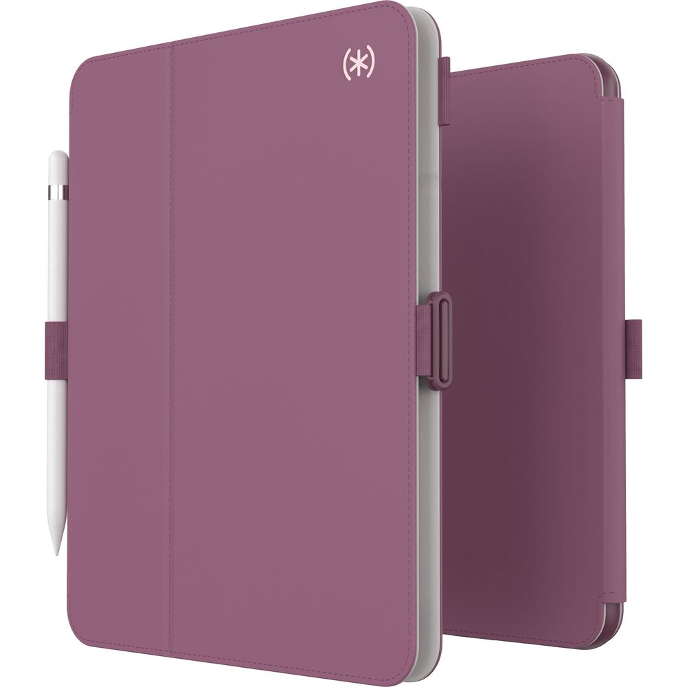 Lila Tablet Hülle mit Stifthalter und einem Logo.